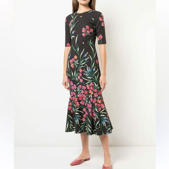 NWT Carolina Herrera Floral Stretch Cotton Faille Cocktail Midi Dress 10 $1990 - Picture 4 of 9
